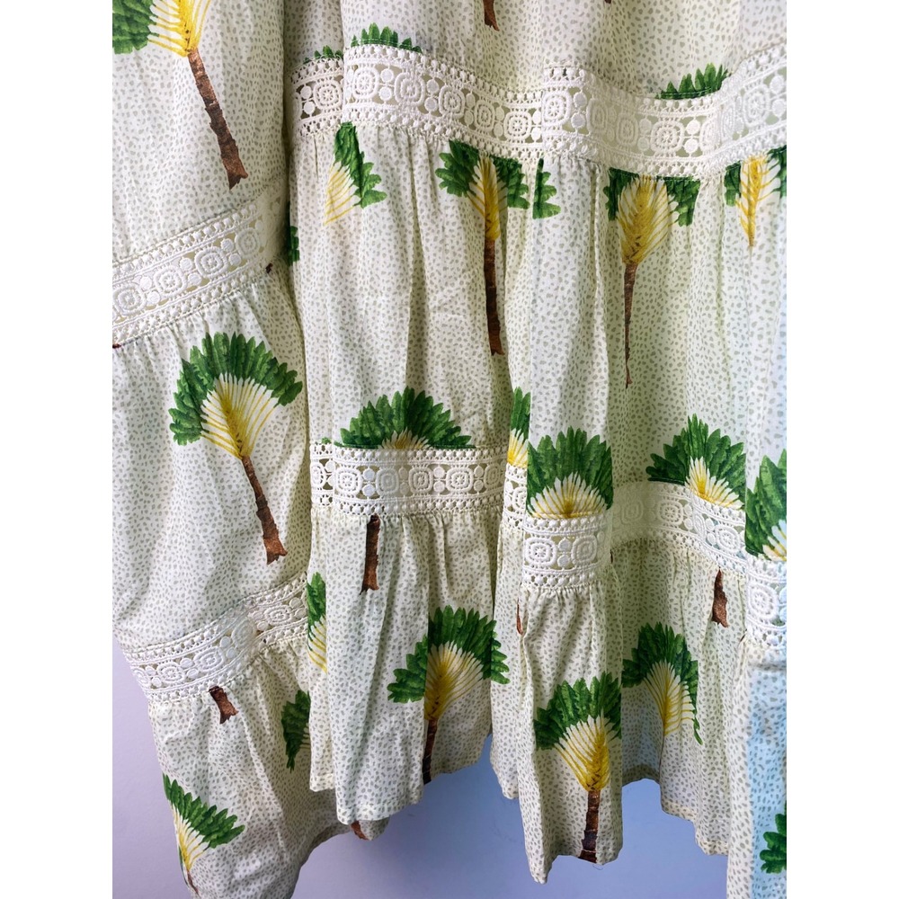 Calypso St Barth Tiered Maxi Dress Size L Palm Tree Print Crochet Trim Cotton - Picture 7 of 11